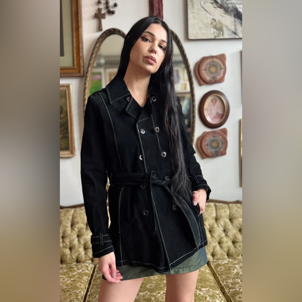 Wilsons Leather Vintage Black Fit and Flare Suede Leather Peacoat Jacket Sz L